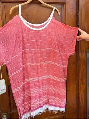 Lemlem Pink and White Fringed Beach Tunic